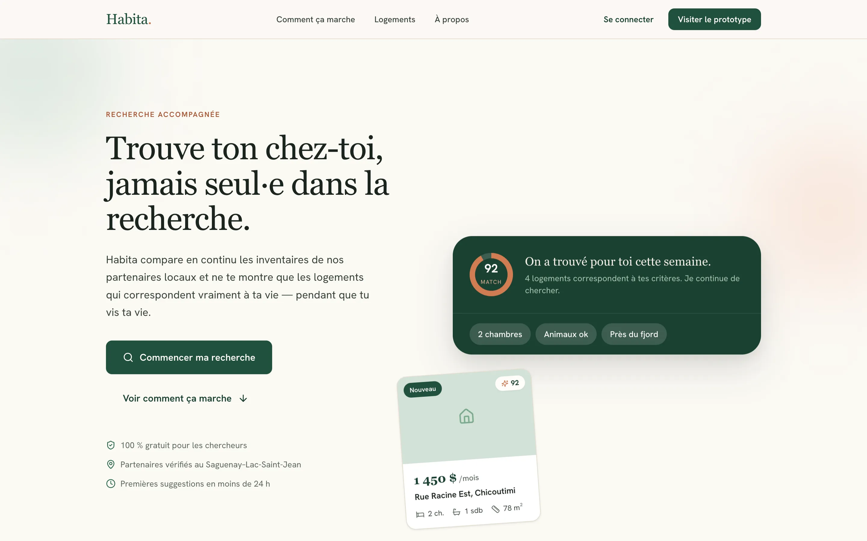 Habita home page in French: 'Trouve ton chez-toi, jamais seul·e dans la recherche', with a card showing a 92 match score for a listing.