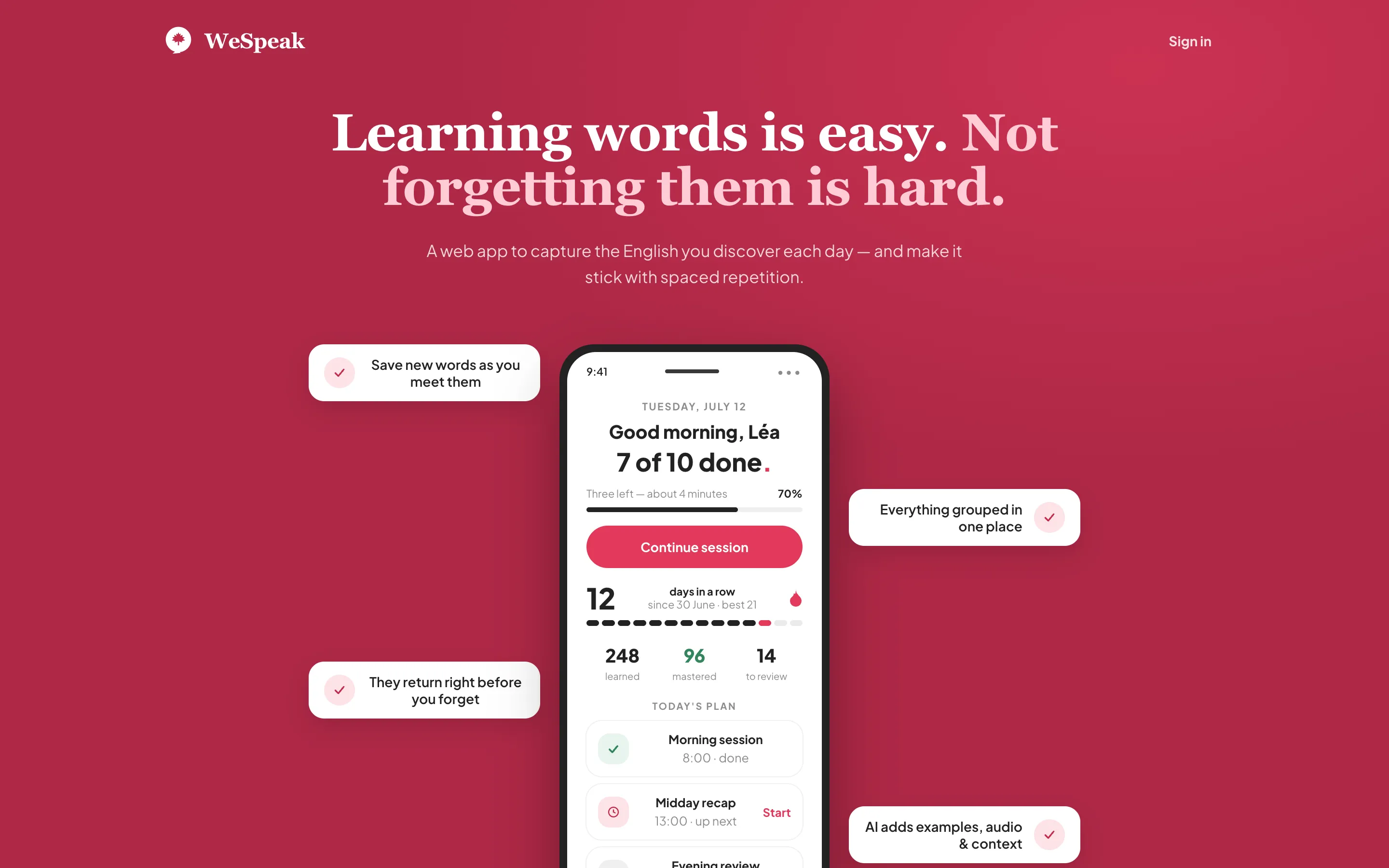 WeSpeak landing page: 'Learning words is easy. Not forgetting them is hard.', with the app's daily plan on a phone screen.